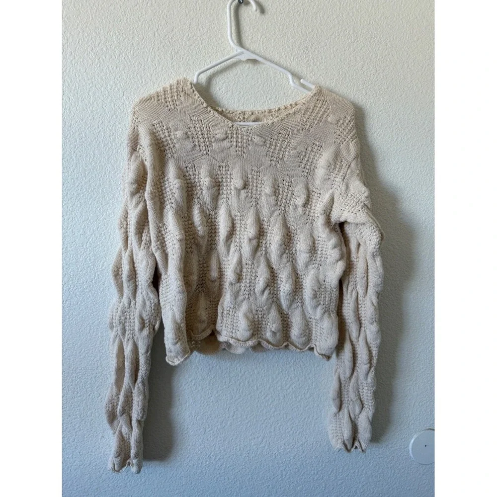 Anthropologie Womens Cream Cable Knit Crop Sweater Bobble Texture Size M